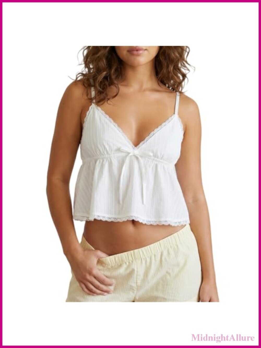 Women Babydoll Lace Trim Camisole Bow Front V Neck Spaghetti Strap Flowy Peplum